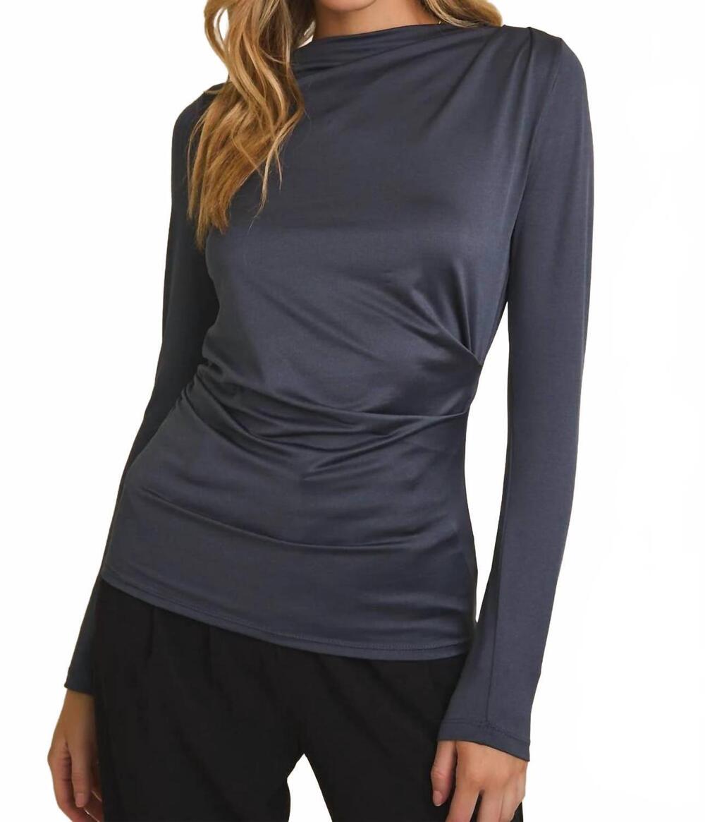 NEW GILLI mock neck long sleeve shirring detail top in indigo